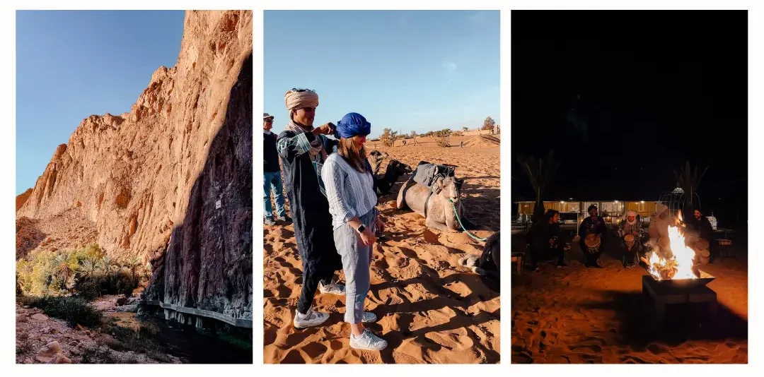 3 photos from the second day of the 3-day tour from Marrakech to Merzouga, including the rocky cliffs of the Todra Gorge, a girl getting her wrapped ready to embark on a camel trek and a campfire burns brightly with people surrounding it holding drums and other instruments