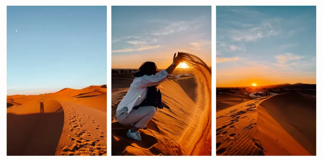 Photos of sunrise in the Sahara Desert outside of Merzouga at the Erg Chebbit dunes - a girl tosses sand in front of her and 2 other photos showing the sunrise over the dune in the distance