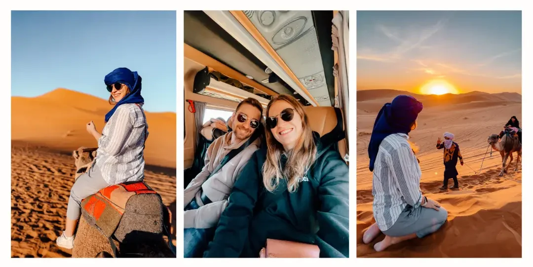 2 images of a girl in the Sahara desert, one of her riding a camel then other her sitting in the sand as a row of camels pass by. The middle photo, a couple take a selfie inside a bus - the mode of transportation to get to Merzouga from Marrakech