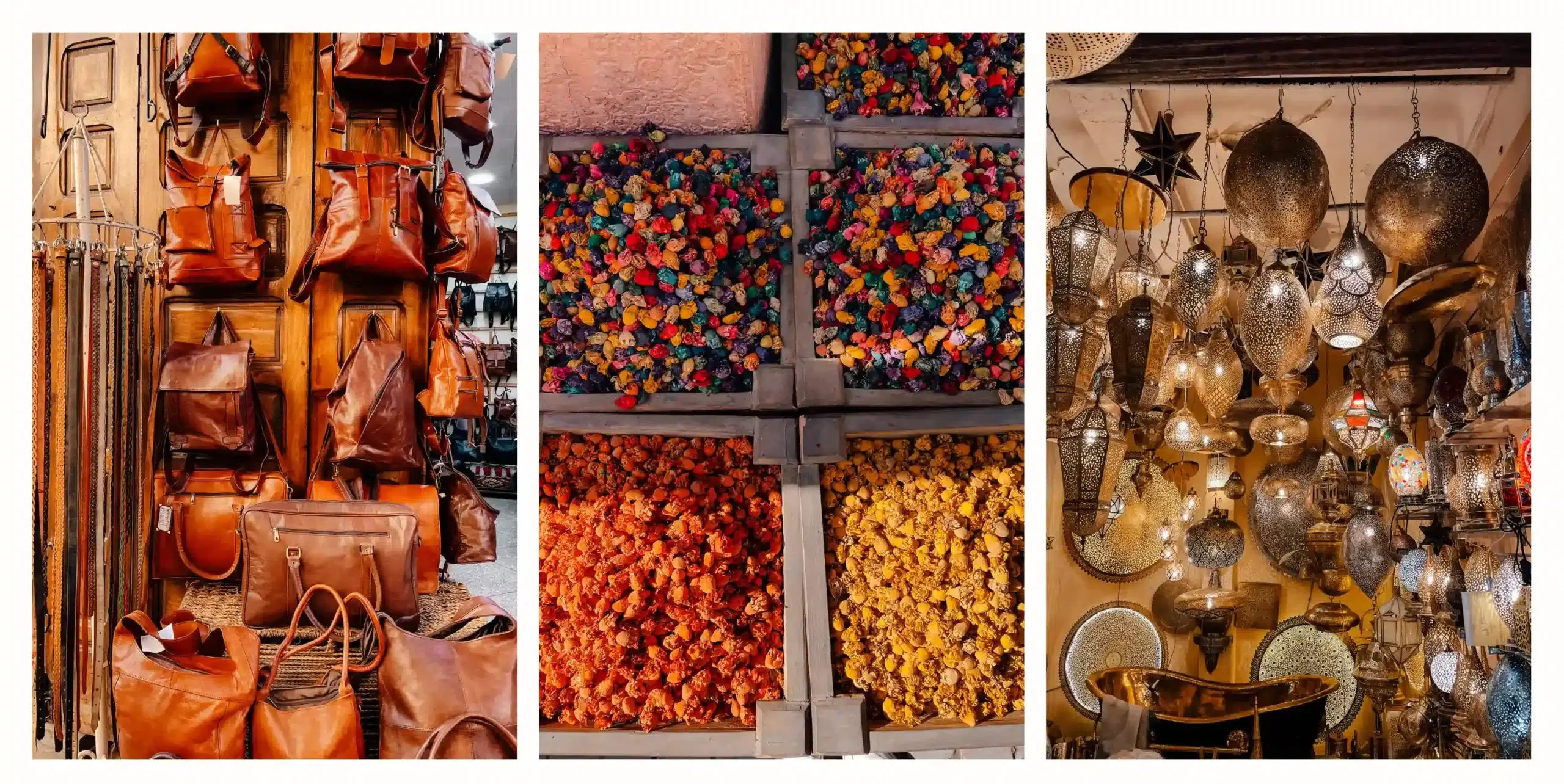 Various stalls inside the Moroccan souks including leather goods, spices and light fixtures 