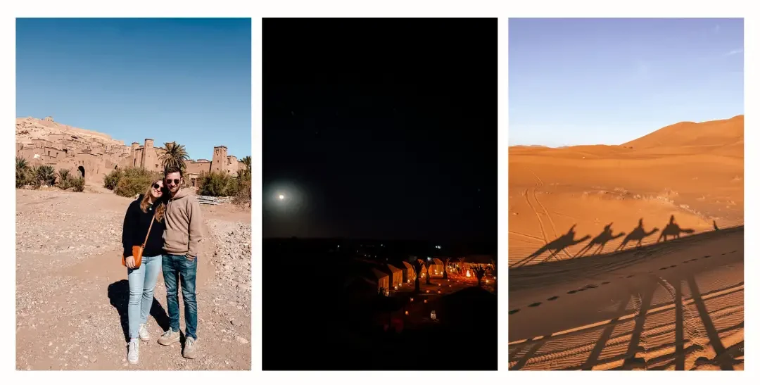 A couple stands smiling with the ancient Ait Bennhadou Kasbah behind them. A night-time photo of a desert camp with a camp fire in the middle and the bright moon in the background. And the shadow of a line of camels crossing the Sahara desert