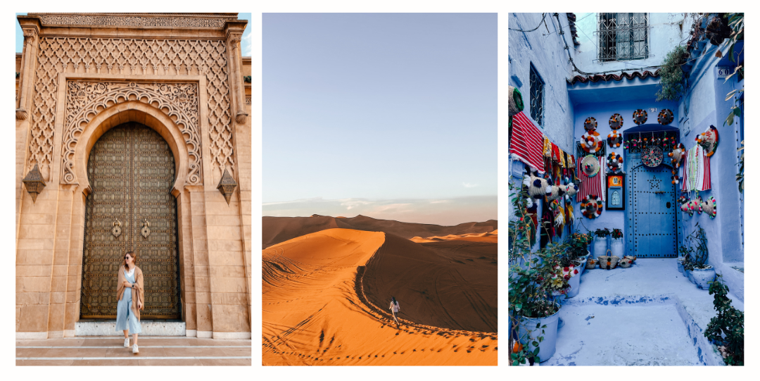 3 photos of a girl visiting Morocco including her standing in front of a intricately detailed door, her walking along a sand dune and a bright blue street in Chefchaouen 