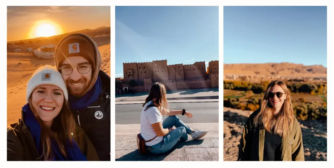 A group of photos showcasing what to pack for a trip to the sahara desert, including a couple wearing beanies for the cold morning air, a girl sitting staring at a Kasbah wearing a t-shirt and jeans and a girl smiling at the camera wearing a sweater and a light jacket