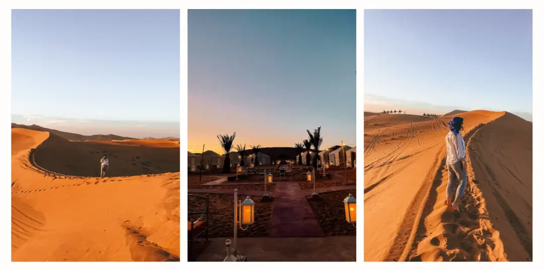 Scenes from the Sahara desert: someone stands on the edge of a dune, rows of luxury tents with a lantern-lined path at a desert camp, and a girl looking off into the distance as she stands on a dune with a silhouette of a row of camels crossing another dune in the background