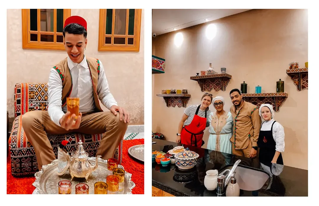 left: a Moroccan man holding a cup of tea with a platter of other tea cups and a tea pot in front of him right: a tourist smiles with a group of local Moroccans in a kitchen in Marrakech 
