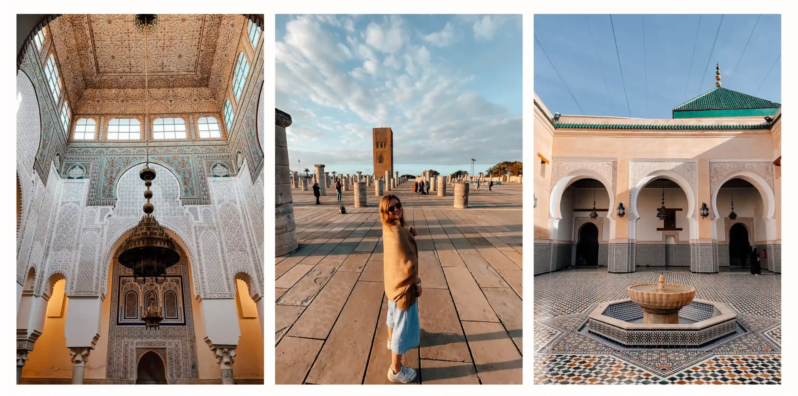 A girl respectfully explores a Moroccan mosque by covering her shoulders. The left and right photo show the beautiful details inside the mosque 
