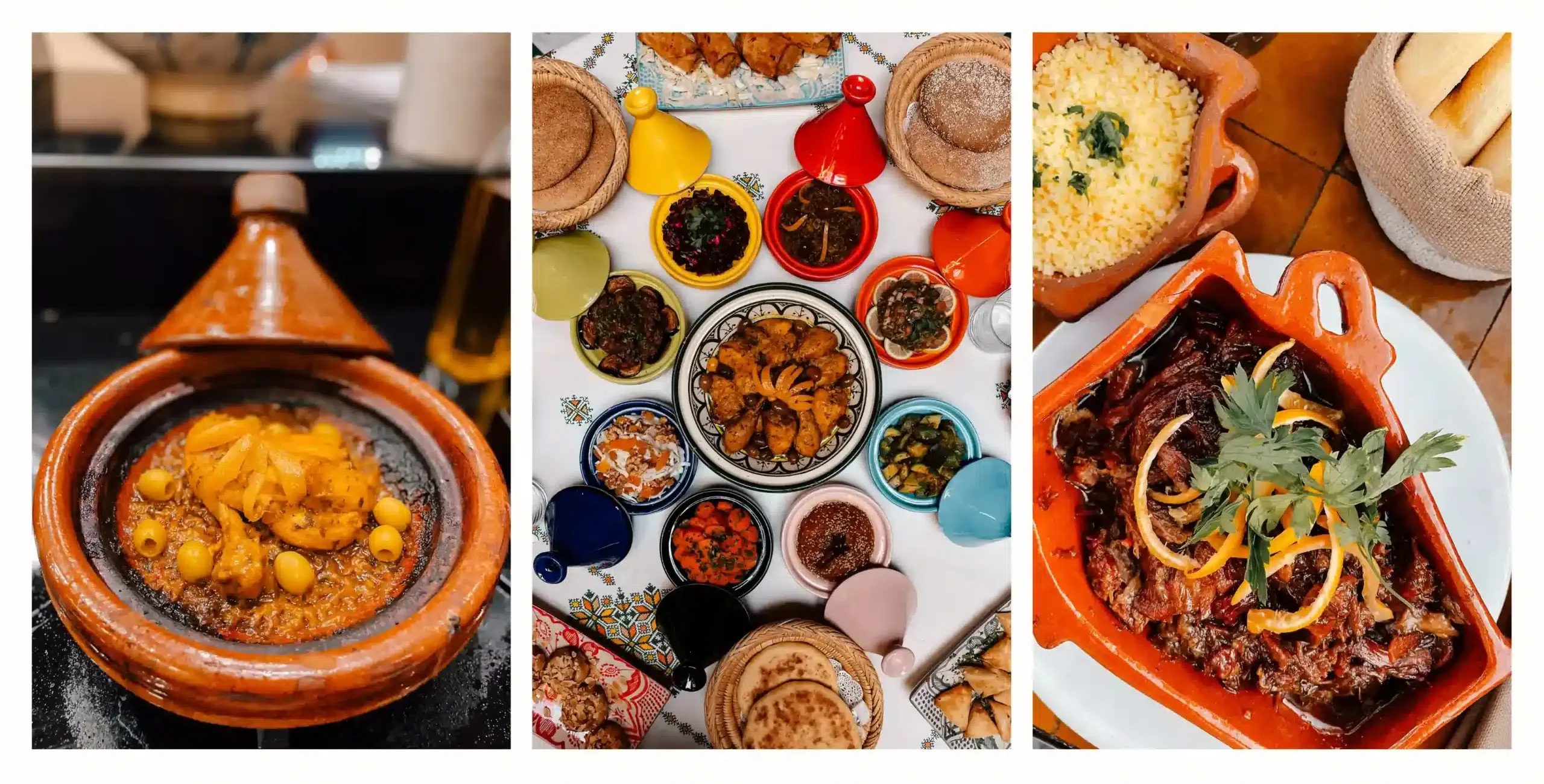 The left and right photo show traditional Moroccan cuisine served in clay pots while the centre photo shows several dishes creatively displayed on a table in colourful pots 