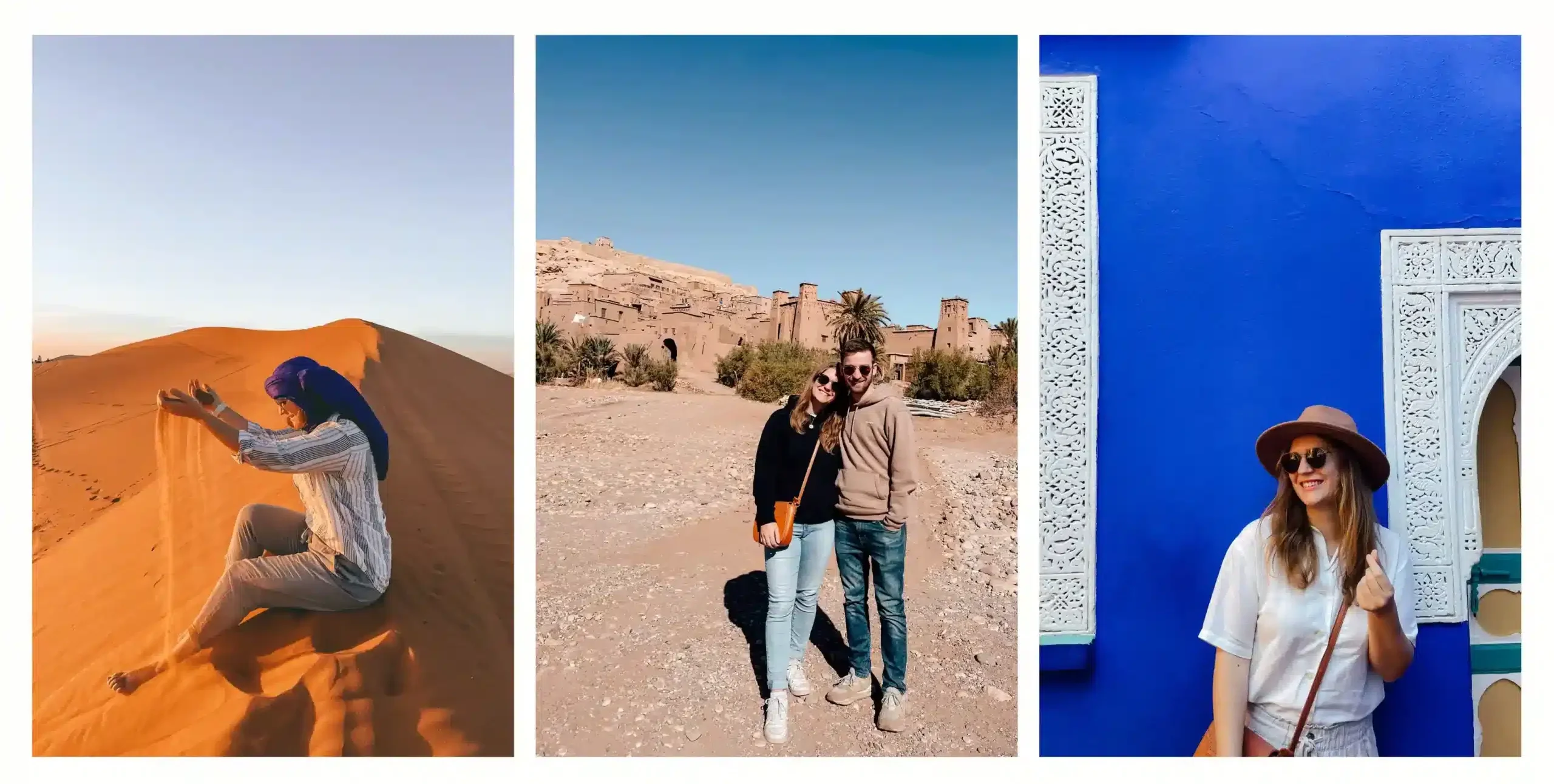 These photos give you an idea of what the temperatures in Morocco are like during the shoulder season: a girl sits on a sand dune wearing linen long sleeve and capris, a couple wears jeans and a sweater and a girl stands wearing a loose fitted tshirt. 